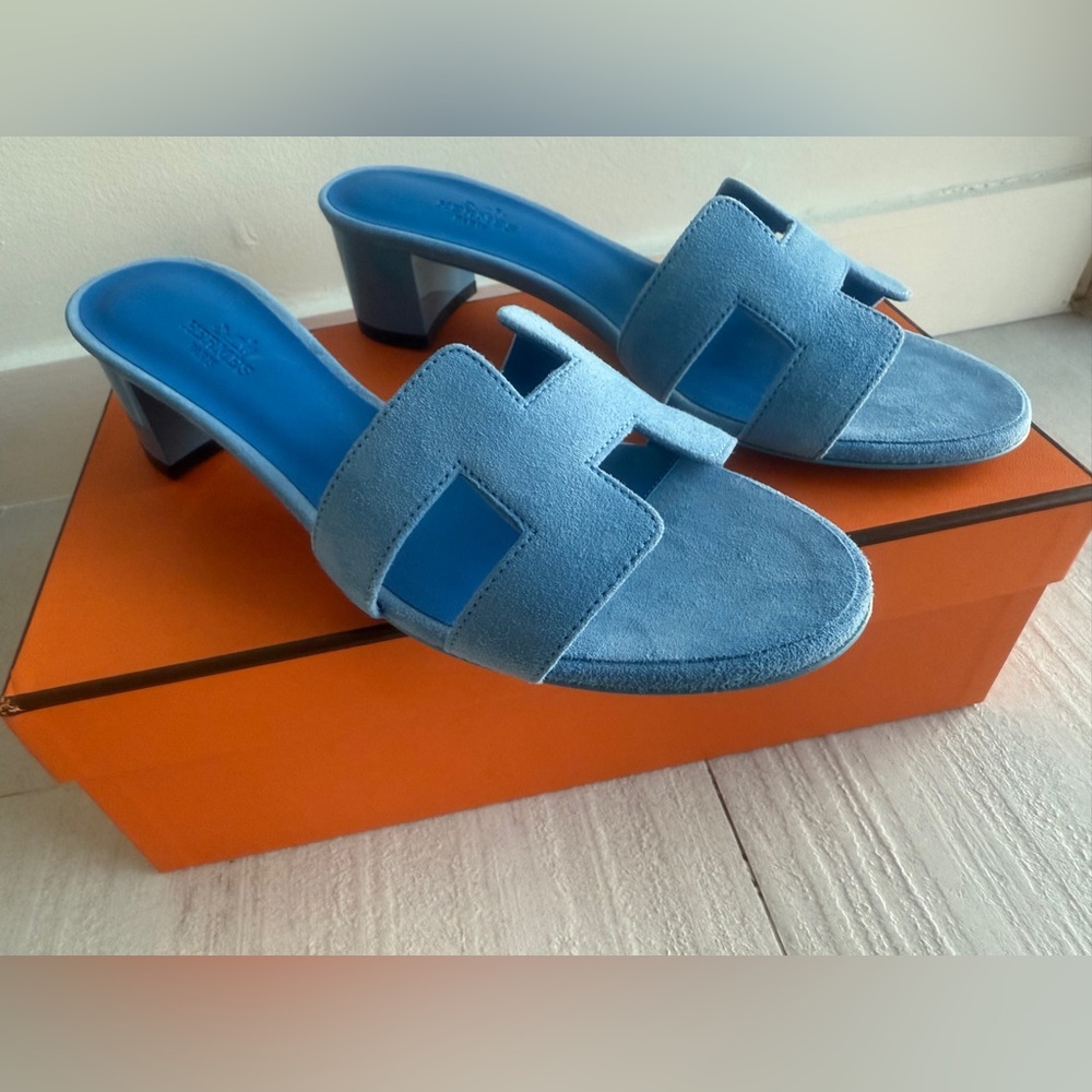 Hermes Bleu Cameo Oasis Sandals Velvet Goat size 37 - Picture 10 of 12